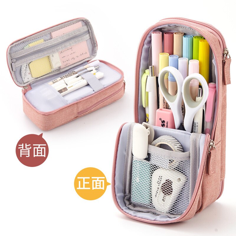Trousse à stylos coréenne, étui pliable à deux couches, support en tissu pour téléphone, pochette de rangement pour papeterie bureau école: Rose