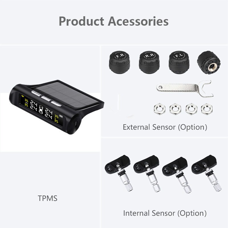 Bildekktrykk alarm overvåkingssystem solcelle trådløs sensor tpms overvåking 4 hjul eksterne/interne dekktrykk sensorer