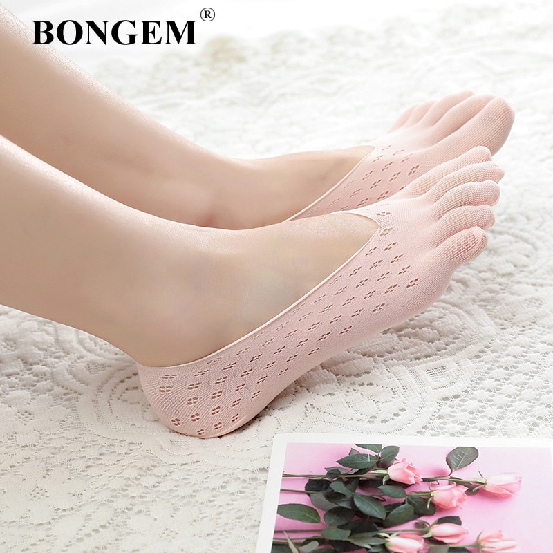 Damer åndbar fløjl blomme fem finger sokker elastiske hjemmesko meshskal silikone usynlig båd yoga skridsikre tilbehør