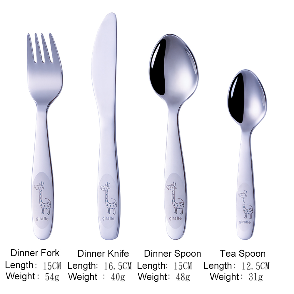 Couverts pour enfants, vaisselle en acier inoxydable, dessin animé girafe, couteau fourchette cuillère enfants, ensembles de vaisselle pour la cuisine de la maison 4 pièces: 4pcs Sliver