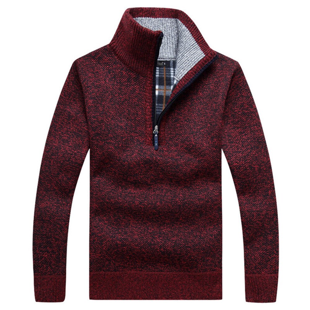 Herre tykke varme striktrøjer efterår solid langærmet rullekrave trøjer halv lynlås varm fleece vinter behagelig frakke mandlig: Burgunder / Xl