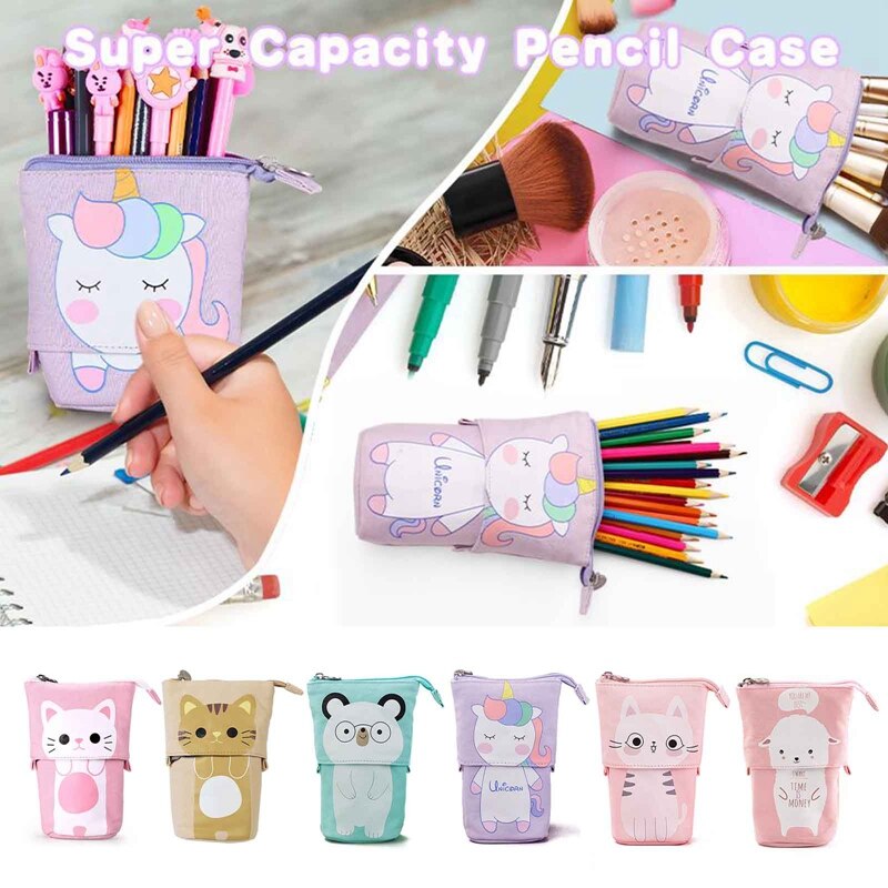 Retractable Pencil Case Sequins Rainbow Large Capacity Multi Pockets School Stationery Bag Pen Case Canvas Pen Holder