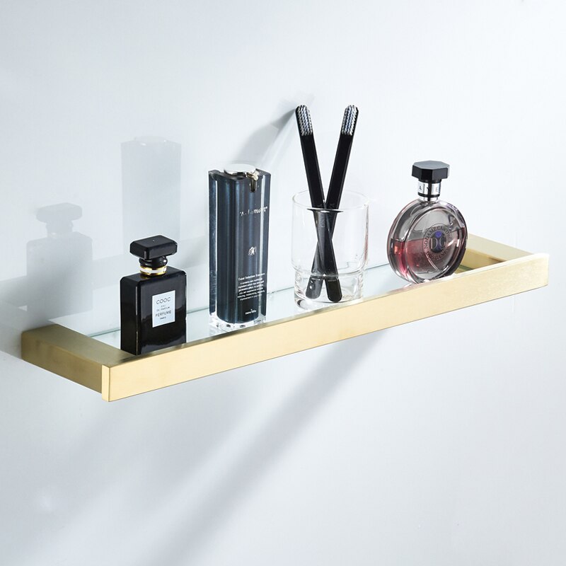 Double porte-serviettes mural en acier inoxydable, accessoires de salle de bains carrés en or brossé, porte-papier hygiénique moderne pour brosse de toilette: glass shelf