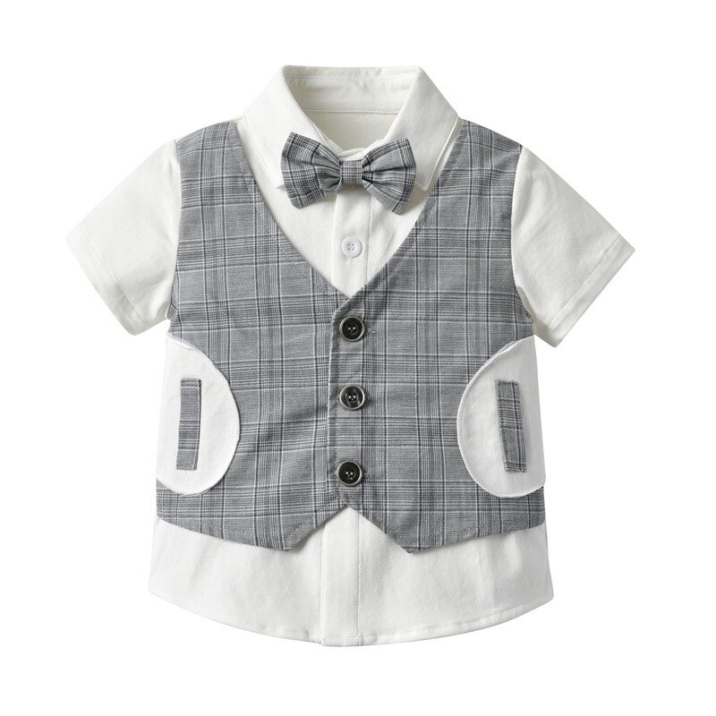 Little Gentleman Zomer Plaid Shirt Baby Boy Katoen Kinderen Kinderkleding Baby Party 6-36 Maanden [shirts + Broek]