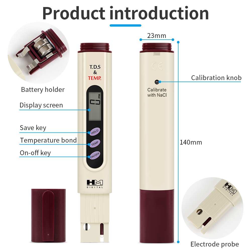 Tds-målerpenn digital vanntester 0-9990 ppm drikkevannsanalysator temperaturmonitor tds-test akvarium hydroponisk basseng