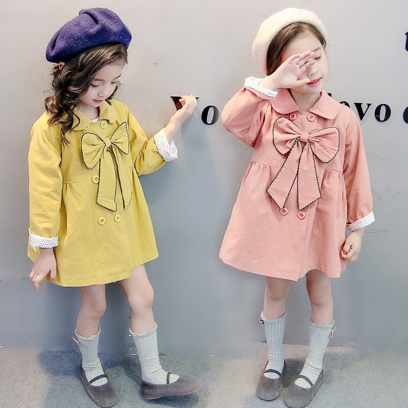 Children's Spring Autumn Kids Trench Coat With Bow Baby Girl Long Sleeve Double-Breasted Coat Girls Outerwear 2 3 4 5 6 Year Old