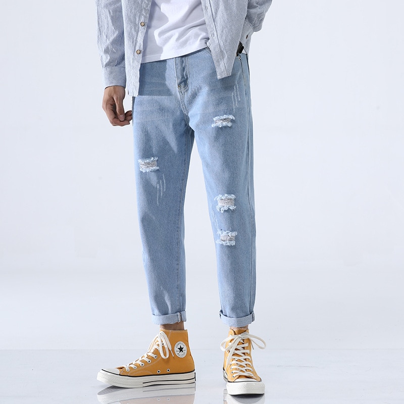 Pantalones vaqueros rotos para hombre, Jeans rotos de Hip Hop, ropa de calle, color azul claro: 29