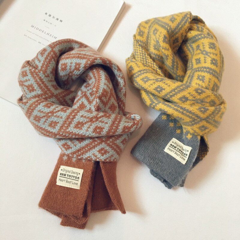 Höst vinter barn scarfs för flickor pojkar retro geometriskt mönster ull stickad baby scarf varm sjal barn halsdukar