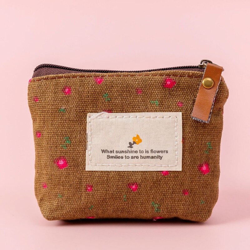 Coin Purse Canvas Wallet Key Card USB Cable Bag Mini Cute Floral Printing Simplicity Coin Holder Girls Women Durable Coin Wallet: Brown
