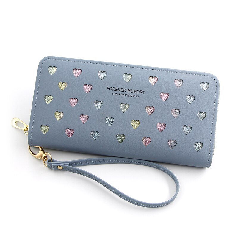 Portafoglio donna Long Love Heart Hollow Design borsa per telefono porta carte di credito in pelle ad alta capacità portafogli frizione Carteira Feminina: Blu