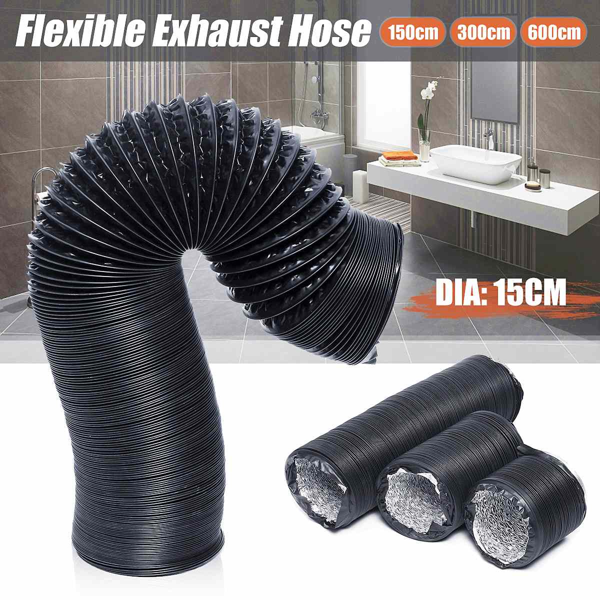 Flexible Exhaust Tube DIA 15cm 1.5M/3M/6M PVC Aluminum Air Ventilation System Ventilator Hose Pipe Kitchen Bathroom Accessories