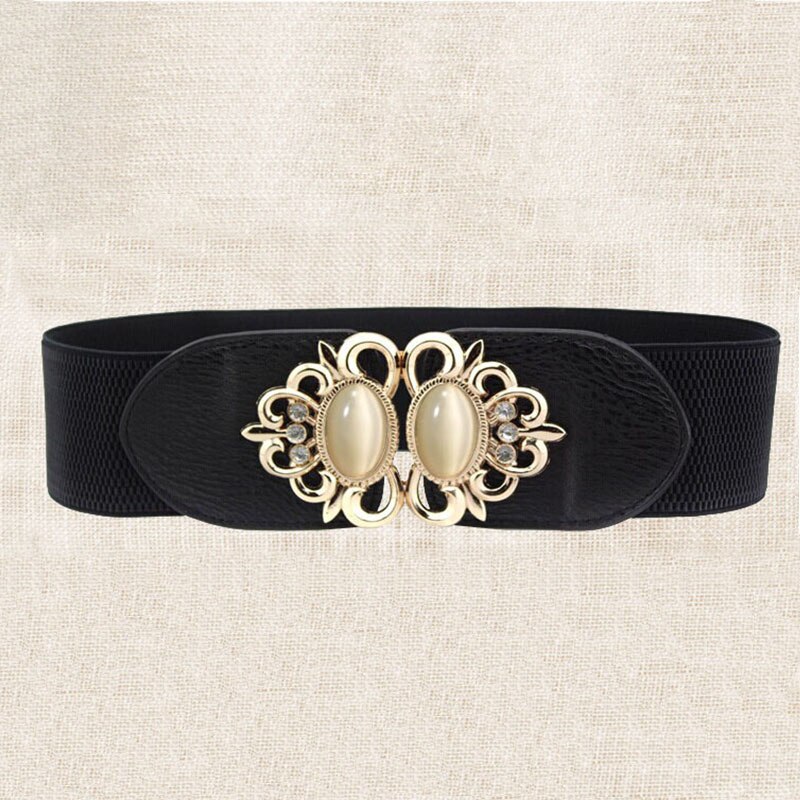21 types Women Elastic Wide Belt Thick Vintage Totem Print Stretch Leather Waist Belt For Dress Corset Cinch Waistband Z30: Black Opal