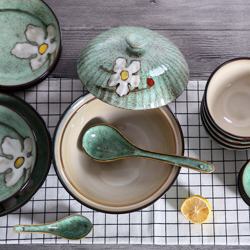 Kiln Glaze Japanese Ceramic Tableware Home Use Crockery Salad Bowl Spoon Steak Plate Set Dishes Hand Painted Floral Pattern