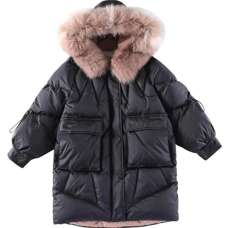 Girls Coat Thicken White Duck down Coats with hoodie Black Warm Winter Outerwear Girl JacketsClothing