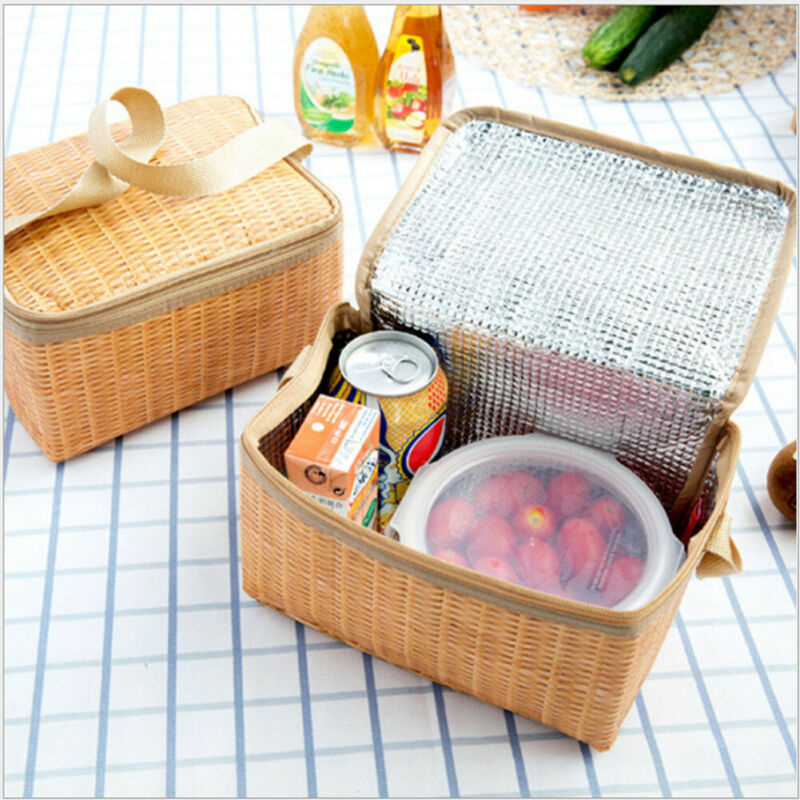 Portable Lunch Bag Insulated Cooler Lunch Bag Rattan Women Men Kids Thermos Cooler Tote Picnic Case Food Lunch Box