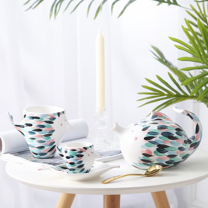 Bedste 3d fisk form keramiske tekande sæt krus dobbelt væg porcelæn dessert tallerken morgenmad sæt kop fødselsdag par samling