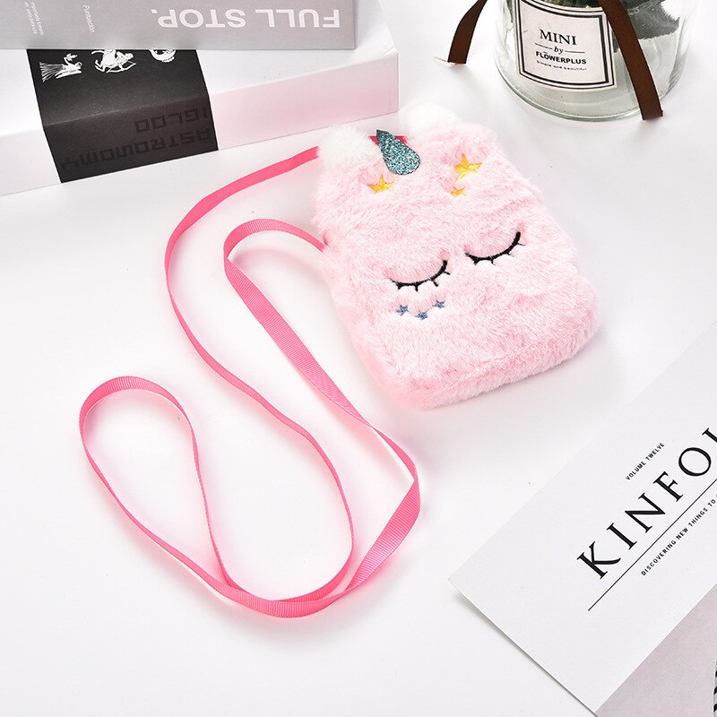 FUDEAM borsa portamonete per bambini unicorno morbido peluche simpatico cartone animato animale borsa a tracolla per bambini borsa da viaggio Mini Messenger femminile: Square Pink