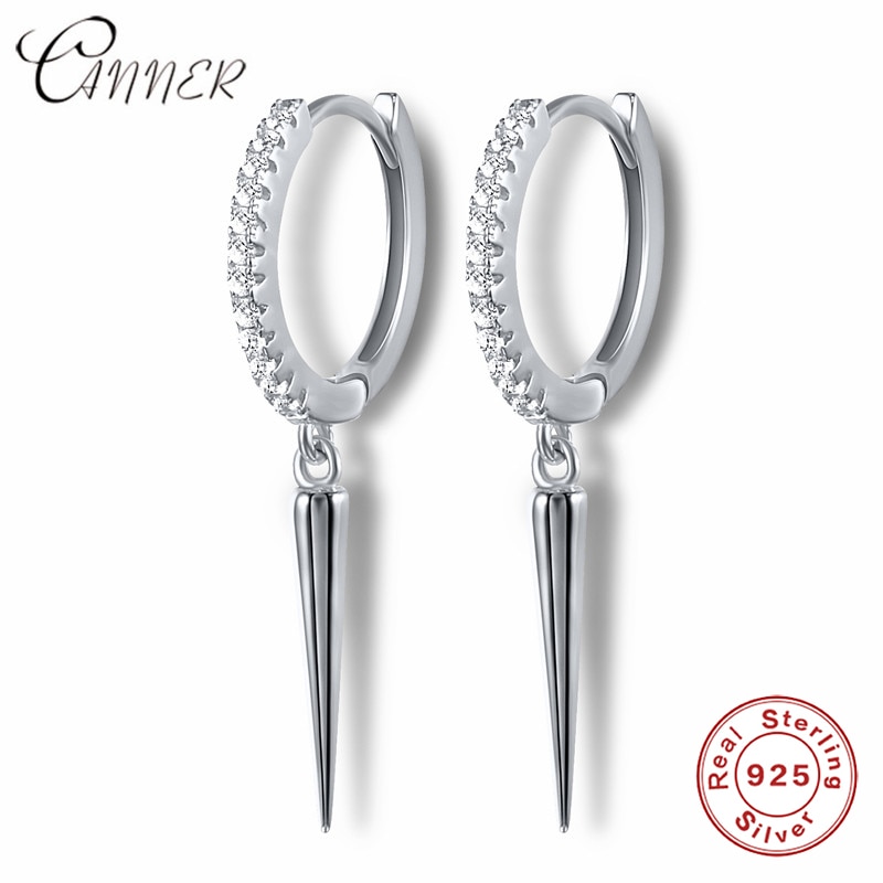 CANNER Punk Style Women's Earrings 100% 925 Sterling Silver Rivet Pendant Hoop Earrings for Women Single Row Crystal Earrings