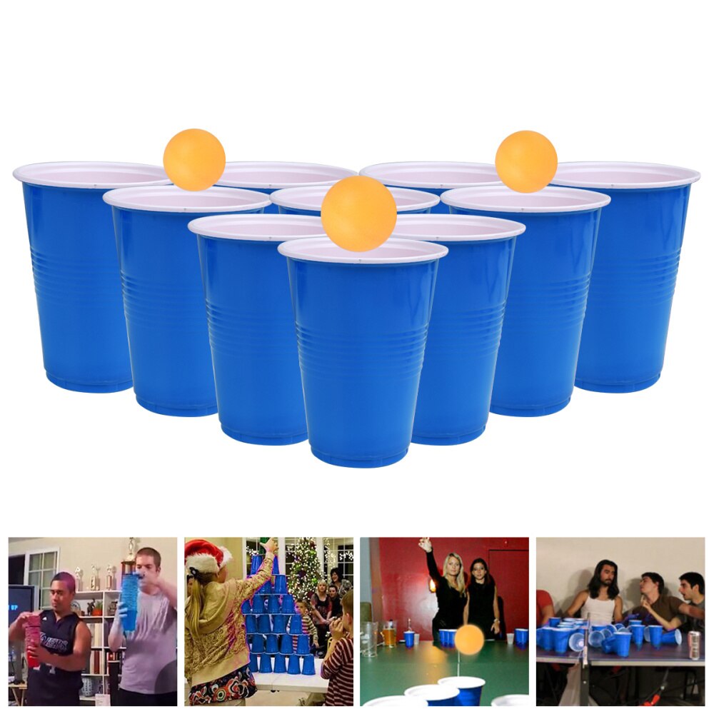 Bar Game Cups PP Bar Party Ping-Pong Game Cups Funny Beer Game Supplies (16oz, 12pcs Cups, 12pcs Ping-Pong)