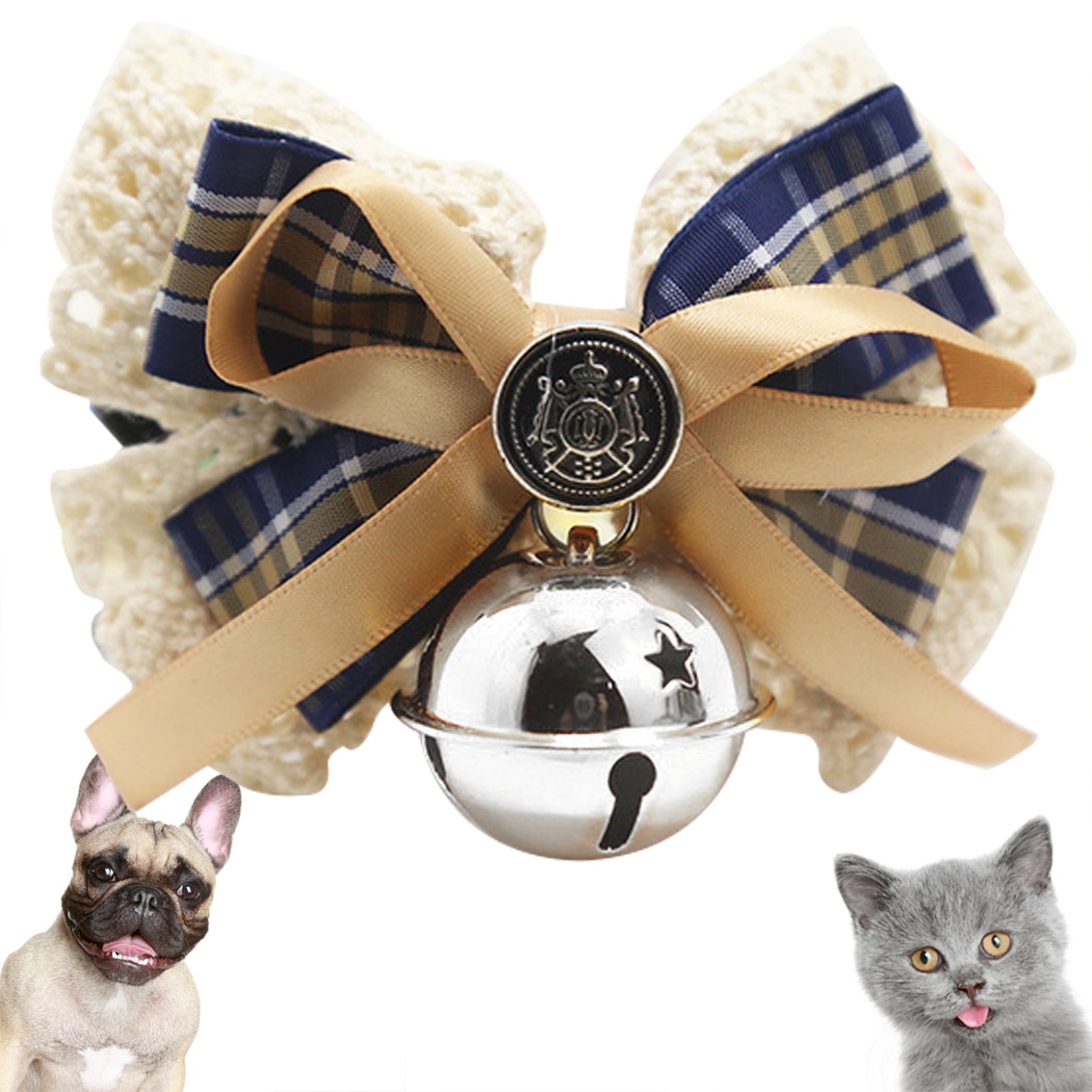 Cute Pets Cat Dogs Adjustable Collar Leather Bowtie Necktie Plaid Lace Bowknot with Bell for Wedding Party Cat Dog Grooming Tie