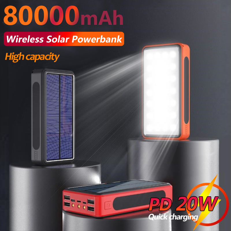 Solar sem fio 80000mah banco de energia à prova de poeira de borracha macia portátil carregamento rápido com 4 usb led bateria externa