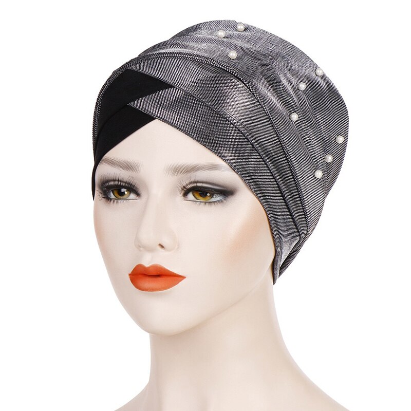 Shiny Pearl Head Scarf for muslim women turban bonnet hijab Caps white pearl Inner hijabs femme musulman arab wrap turbantes