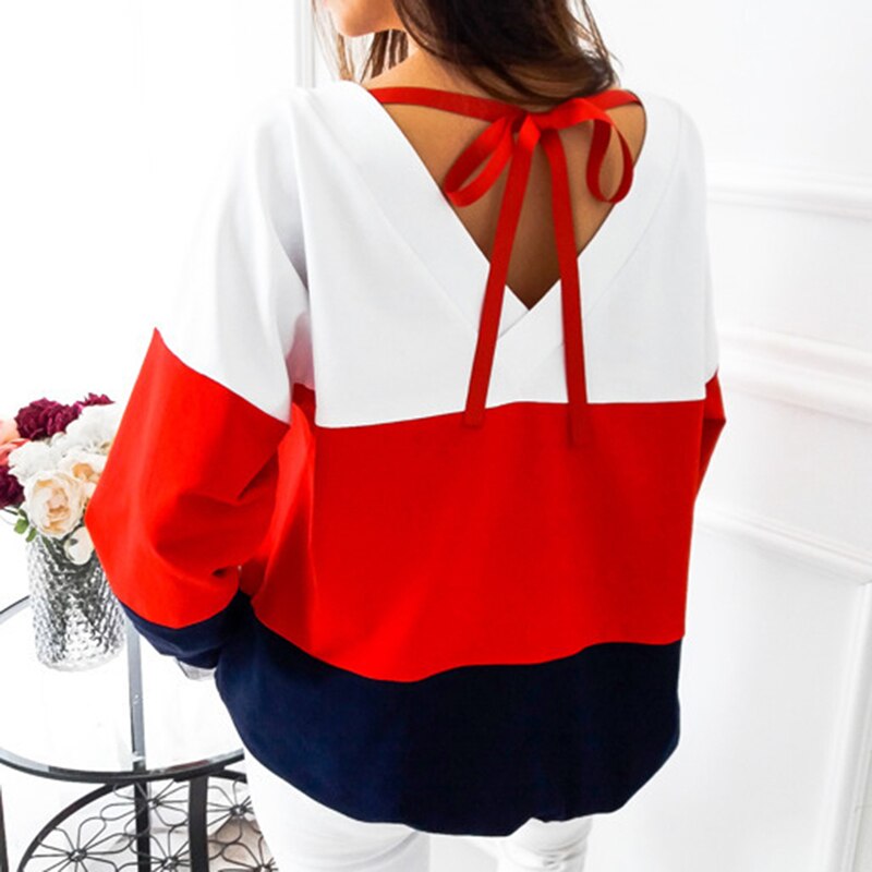 Female Pullovers Tops Sport Colors Patchwork Women O-Neck Sweatshirts Back Lace-up Long Sleeve Tennis T-Shirt