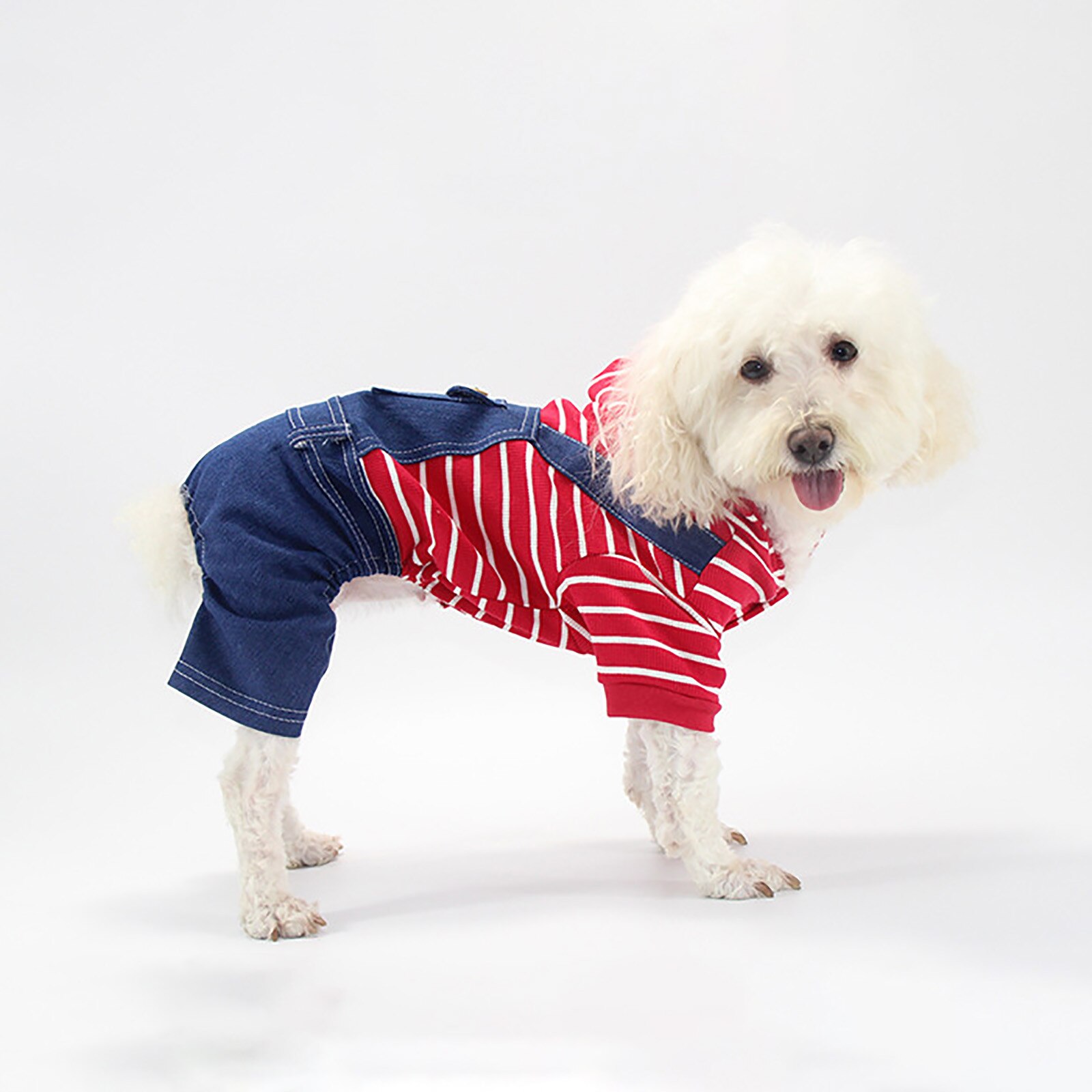 Pet Clothes Classic Stripe Jeans Dog Four Legged Elastic One Piece Fat Dog Cloth Winter Clothes Pet Puppy Coat Clothing For Smal