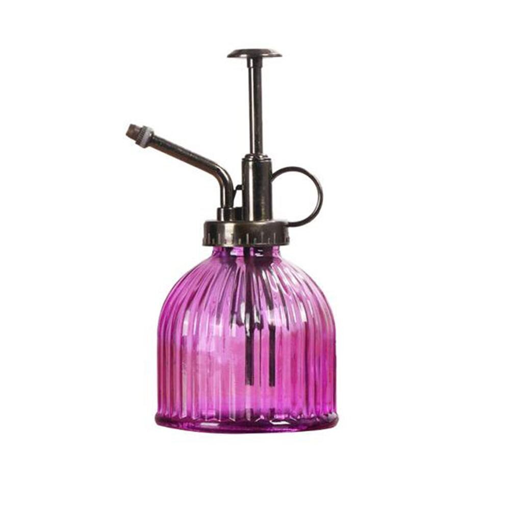 Retro glazen spuitfles, planten, bloemen, waterkan, tuinsproeier, pomp, mist, gieter, pot: Paarse platte bodem