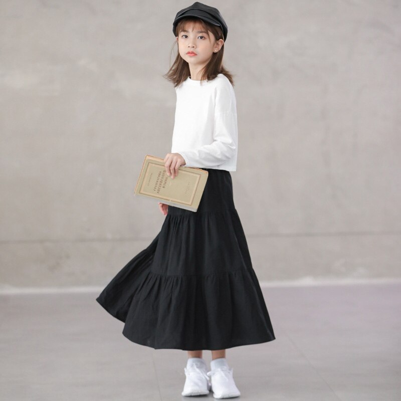 6 a 14 anni bambini e adolescenti gonna lunga svasata in cotone nero per ragazze gonne a strati Casual primavera autunno abbigliamento per bambini