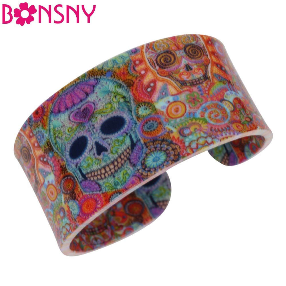 Bonsny Acrylic Skull Pattern Wide Love Halloween Bracelets Bangles For Women News Jewelry Party Accessories