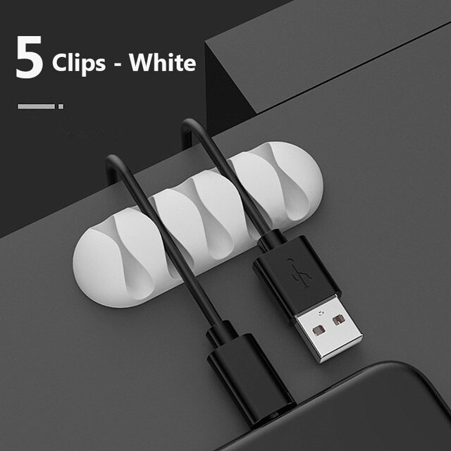Silicone Cable Winders Flexible Cord Management Cable Holder Clips For USB Mouse Headphone Earphone Network Smart Wire Organizer: 5 Clips White