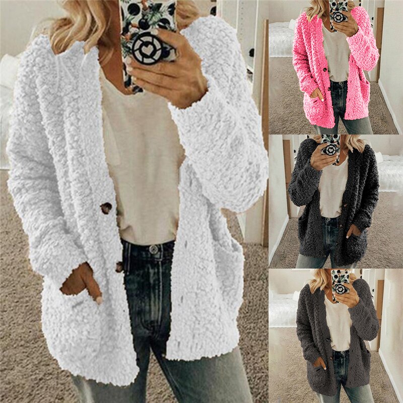 S-2XL grande taille automne hiver cardigans pour femmes décontracté poche épais ample en peluche polaire hauts femme