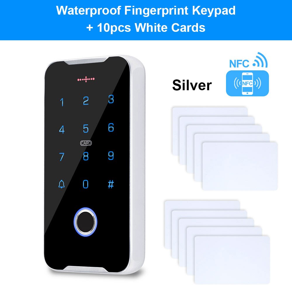 Mobile Phone NFC Access Control Keypad RFID Keyboard Access Controller System Fingerprint IP68 Waterproof 13.56MHz Card Reader: Silver with 10 Cards