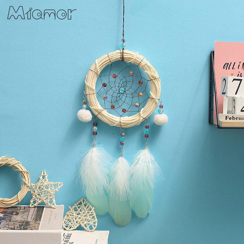 MIAMOR – attrape-rêve en rotin avec anneau lumineux et pompon, décoration murale suspendue, pendentif pour chambre d&#39;enfant, AMOR00149