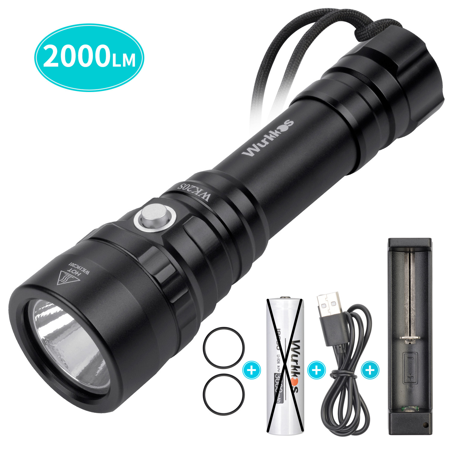 Wurkkos  wk20s kraftig dykkerlommelykt ipx 8 vanntett dykkerlys oppladbar maks 2000 lumen sst 40 hd ledet 4 moduser: Ikke noe batteri