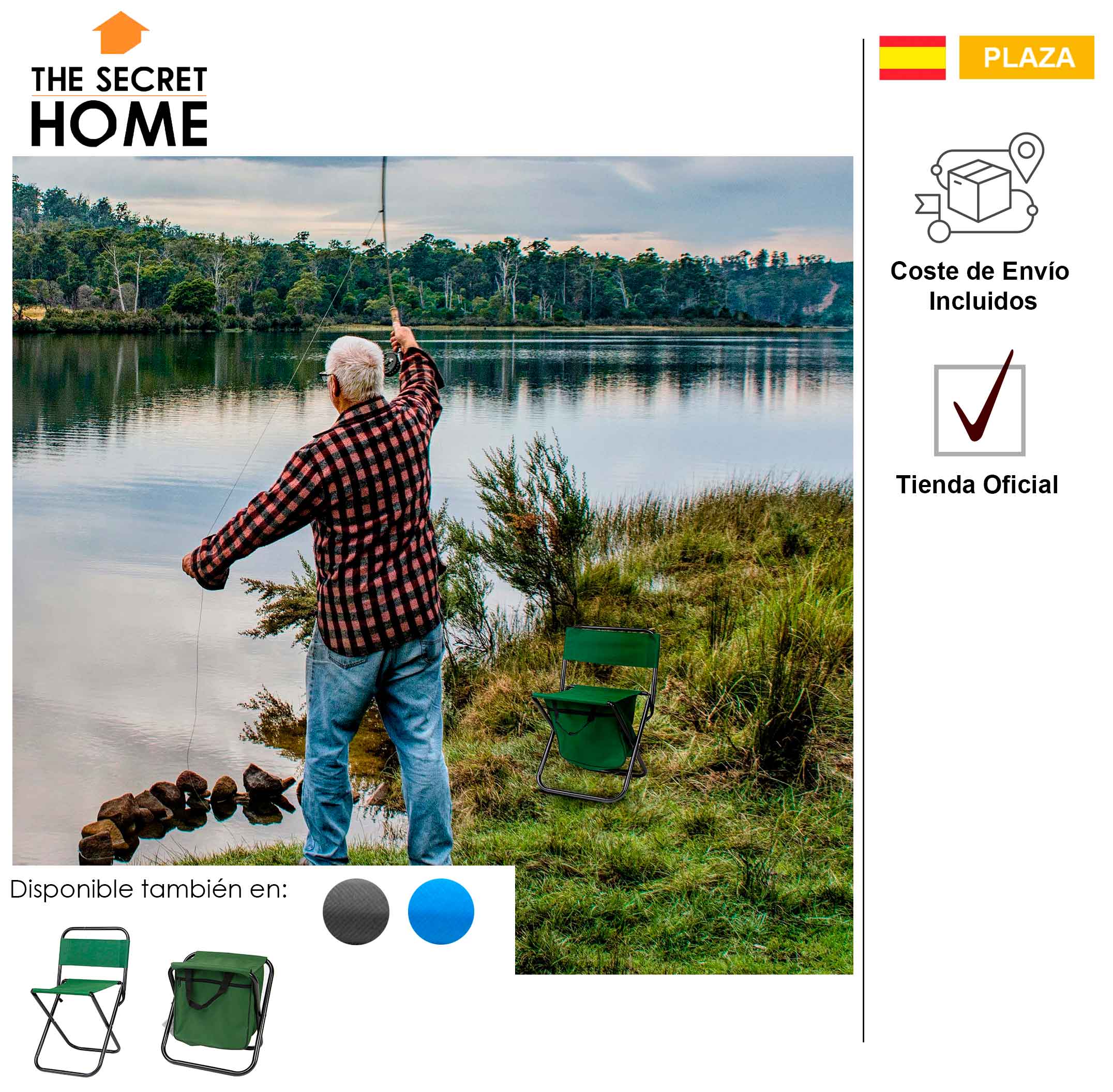 Taburete portátil plegable ultraligero con respaldo para exteriores, pesca, acampada, camping, playa - 35 x 35 x 58 cm