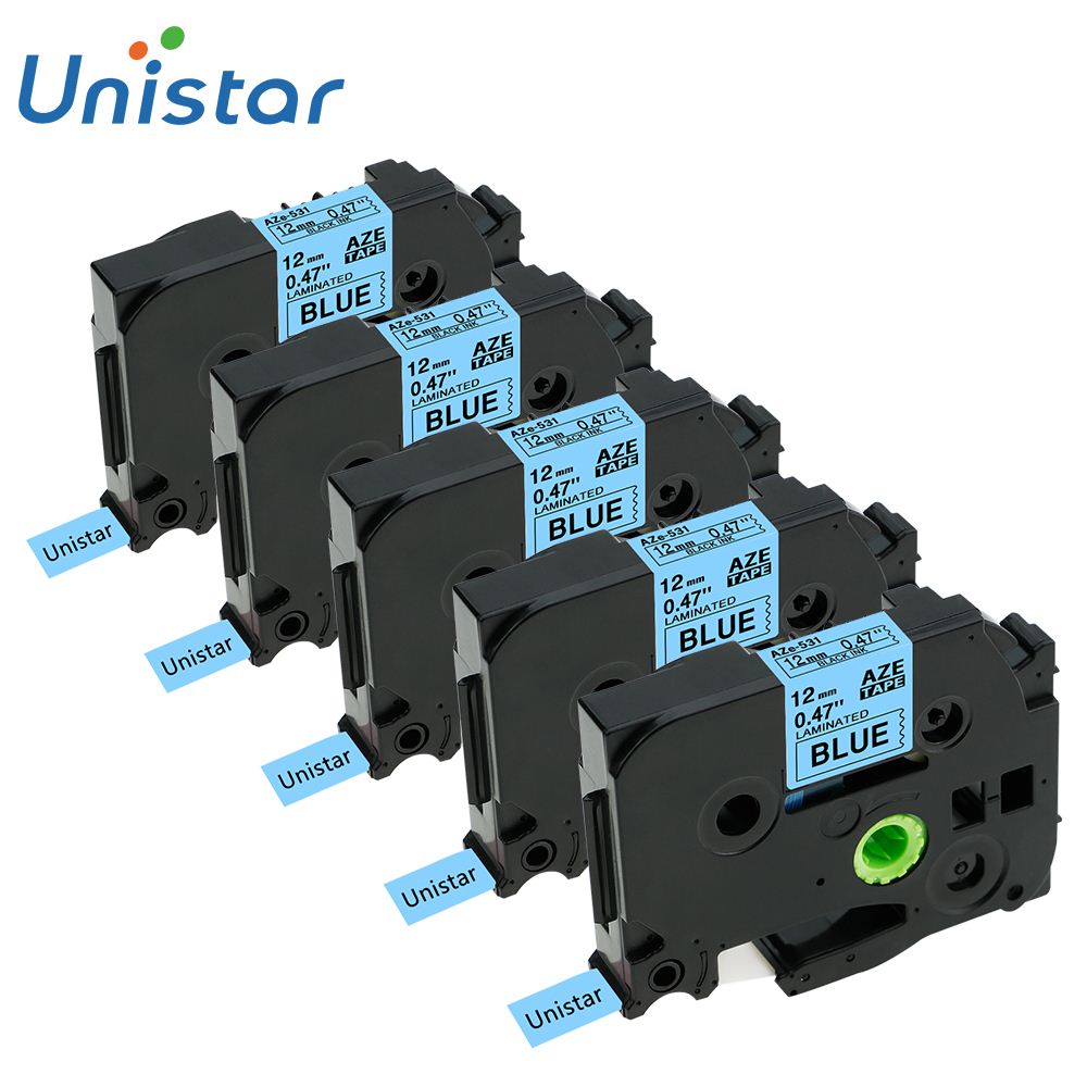 Unistar 5 Pcs Tze 231 TZ231 Compatibel Brother P-Touch Tze Tape 12 Mm Combo Set TZe231 431 531 631 741 Multi Kleuren Label Maker: Black on Blue