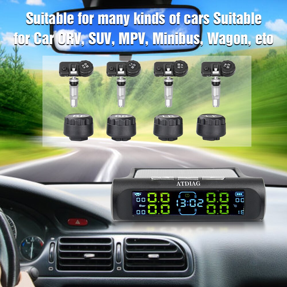 TPMS Wireless Tire Pressure Monitoring System Solar Power Clock LCD Display 4 External/Internal Sensor Tire Pressure Sensors