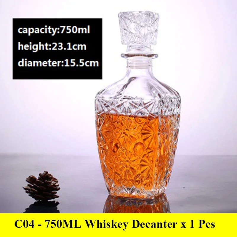 Decantadores de whisky de vidrio sin plomo para licor Scotch Bourbon, botella de copa de vino de 3 estilos, novedoso, 1000ml: TRANSPARENT