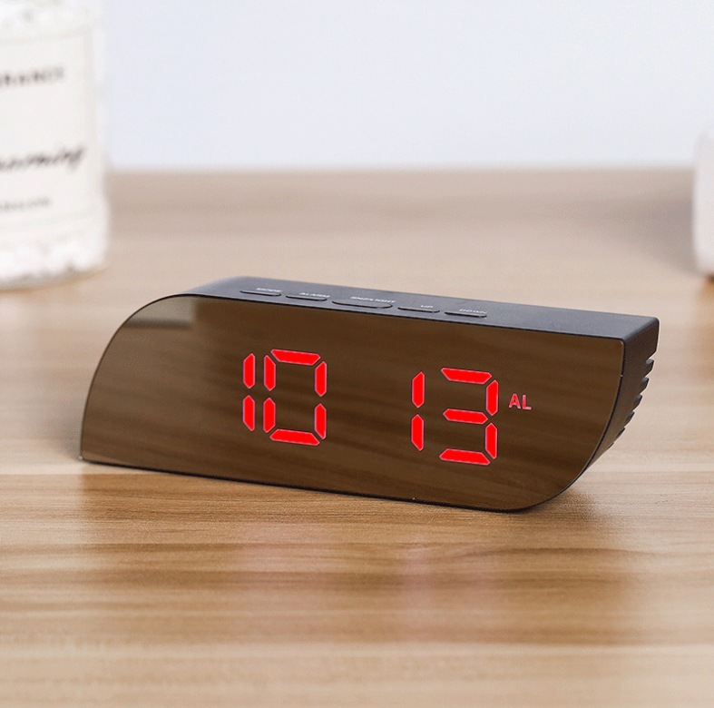 LED Digital Electronic Desktop Clock Snooze Mirror Alarm Clock Time Temperature Display Home Decorations: red   black case