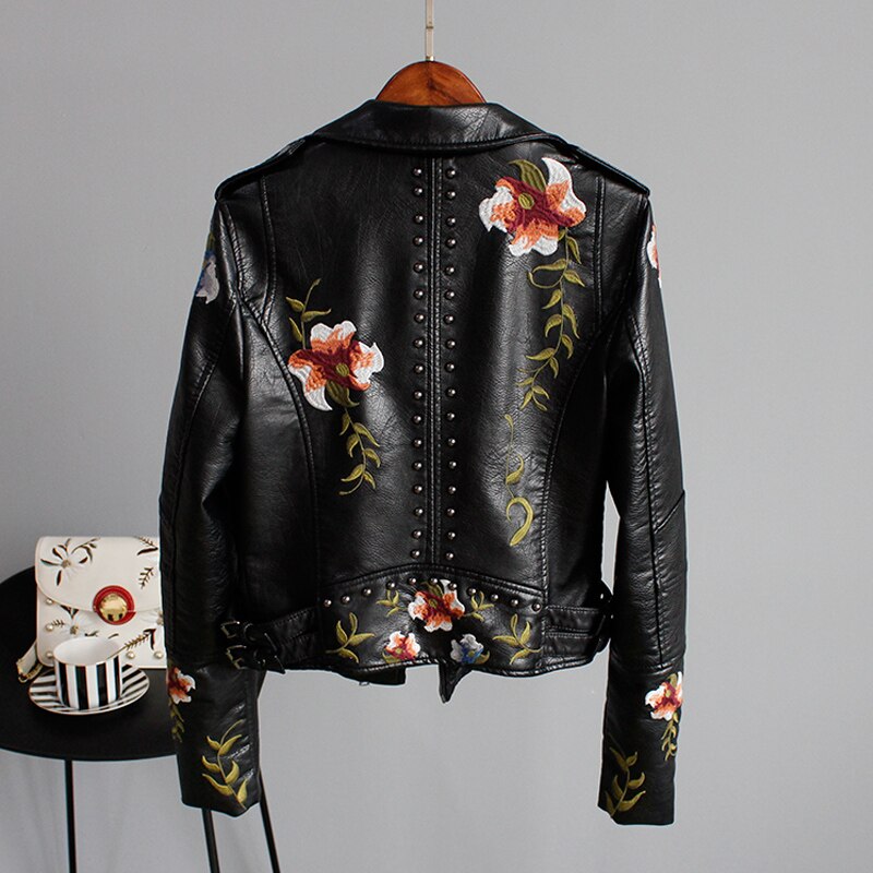 FTLZZ Embroiderry Fleur Femmes Pu Vestes En Cuir D'hiver Femmes Patché Rivet De Luxe Hip Hop Biker Veste Femme Manteaux