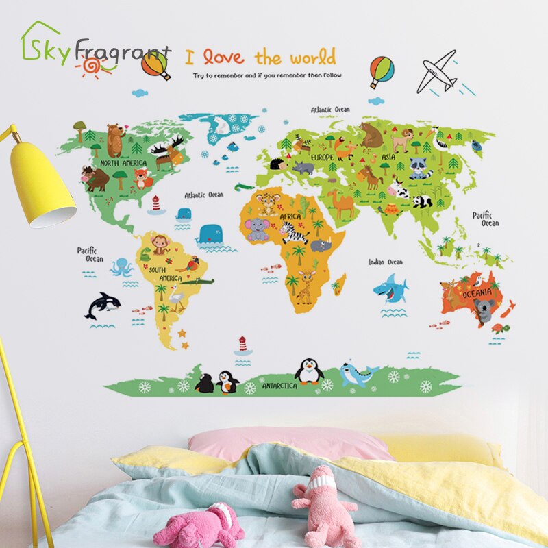 Karikatúra mapa sveta nálepka na stenu detská výzdoba izby výzdoba detskej izby samolepiace nálepky študijná výzdoba bytový dekor