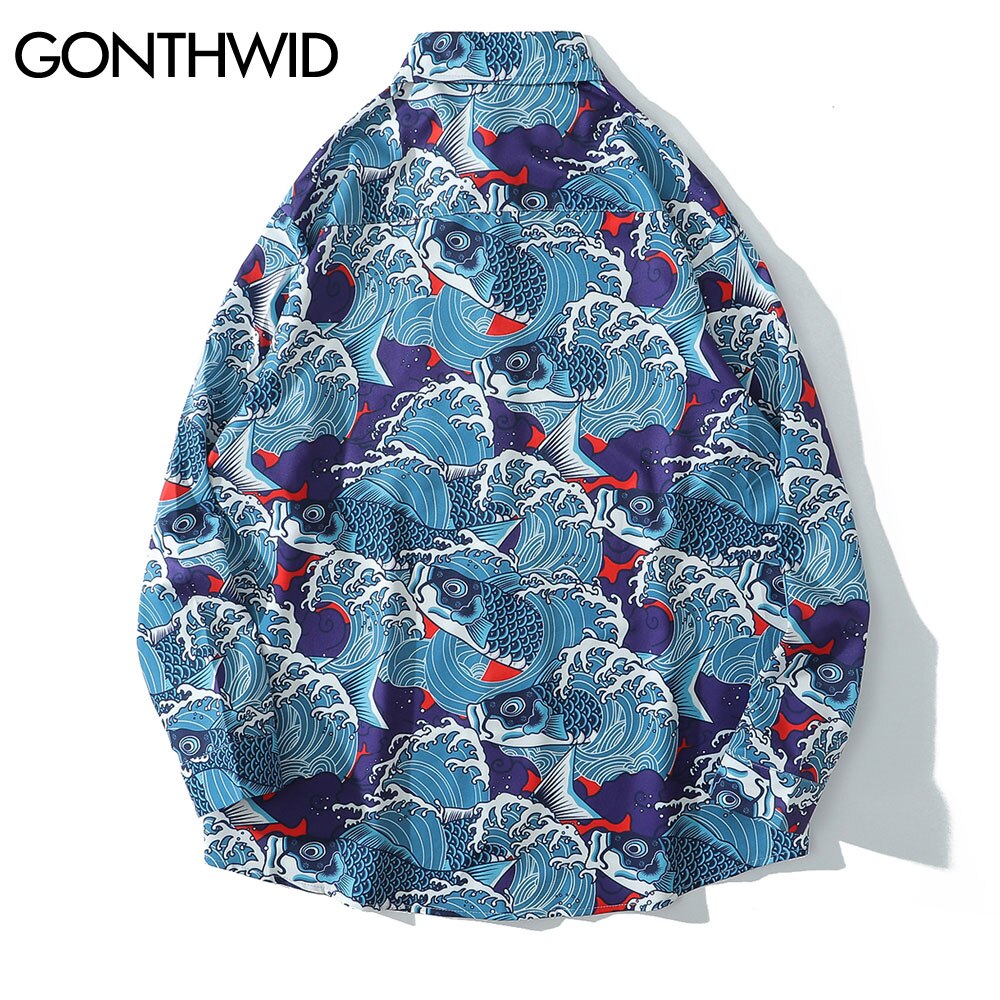Gonthwid japansk stil havbølge karpe koi fisk print hawaiian strand skjorter herre harajuku afslappet langærmet kjole skjorte toppe