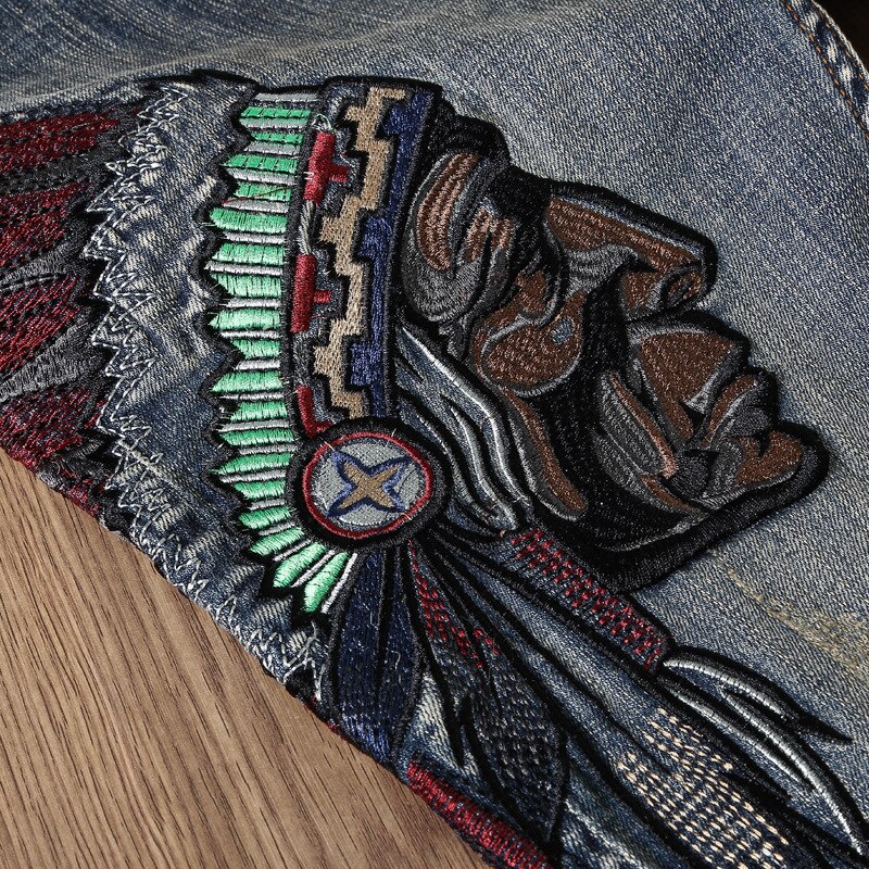 Sokotoo Men's vintage embroidery ripped jeans slim straight holes torn denim pants