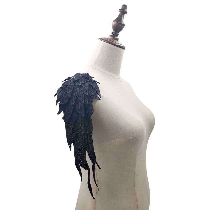 Accesorios de alas de ángel para vestido de banquete, calcomanía bordada de múltiples capas de encaje ahuecada hecha a mano, accesorios de Color sólido, 1 par: Black