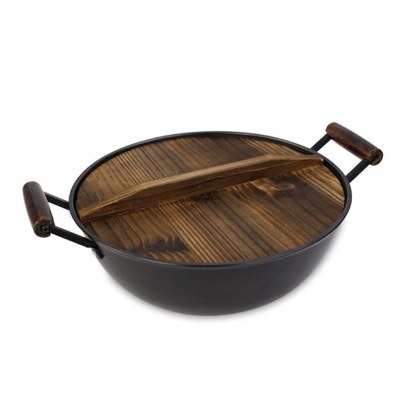 34cm Chinese Traditional Iron Wok Stew Pot with Wood Cover