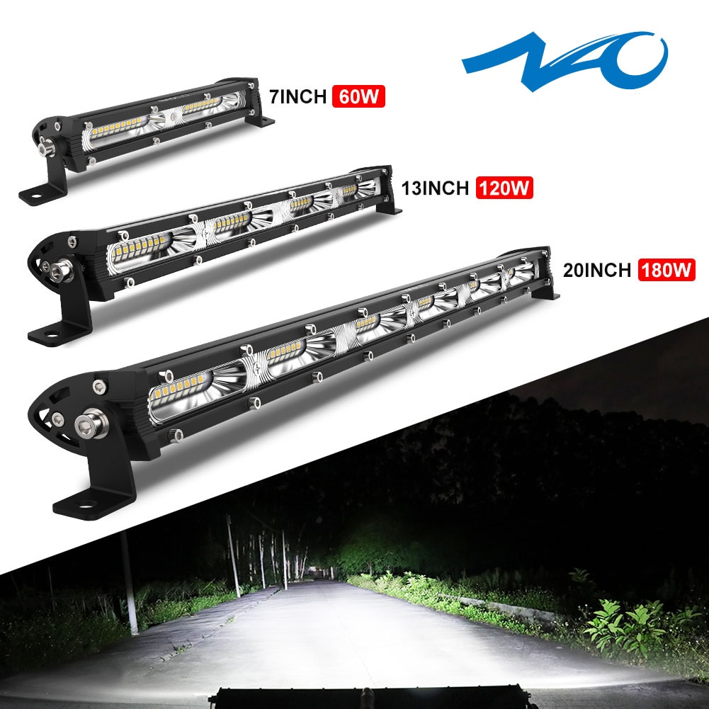 NAO 7&quot; 13&quot; 20&quot; inch 120W 180W Ultra Slim Barra LED Bar Light 12V 24V Flood Single Row Work Lamp For Jeep Truck SUV 4X4 Offroad
