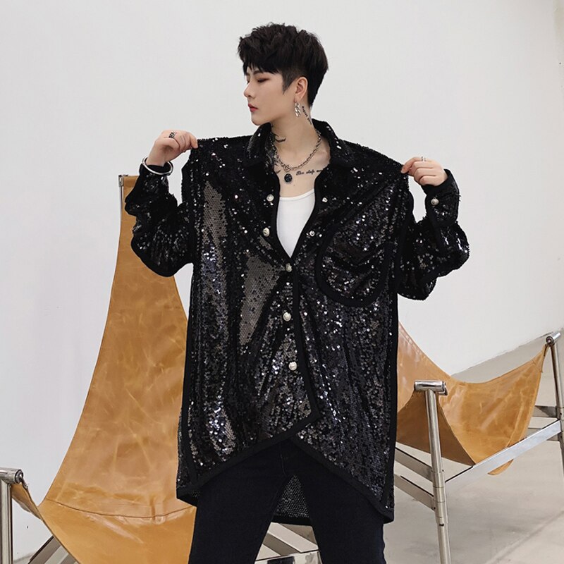 Autumn personality sequins Korean men's loose long-sleeved shirt nightclub bar dj singer costume coat