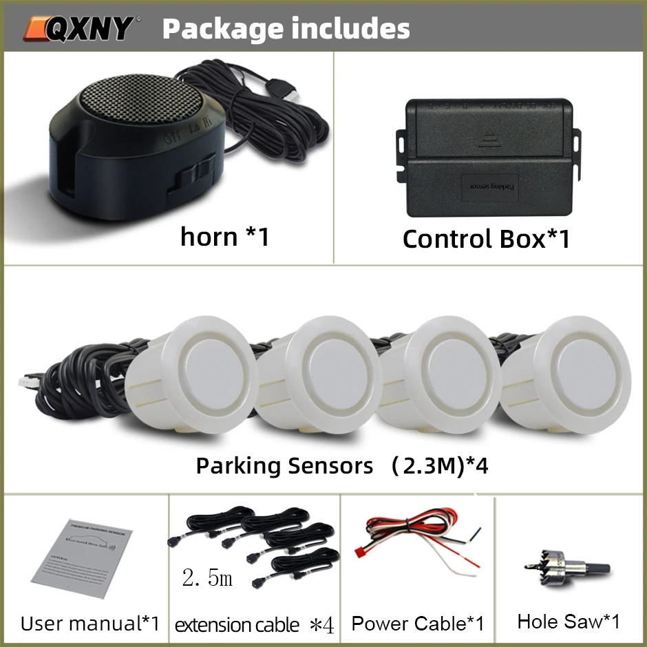 Front Parking Sensor Kit Auto Parktronic Vehicle Assistant System Buzzer Alarm Volume Can be Adjusted Universal: WHITE
